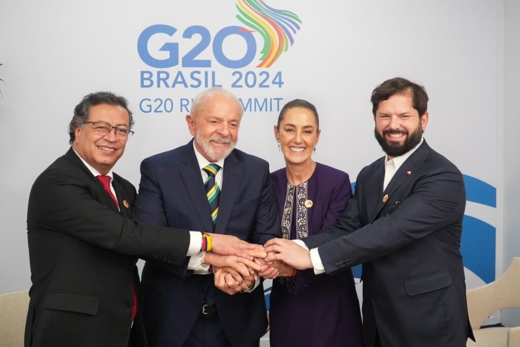 Claudia Sheinbaum con los presidentes de Brasil, Luiz Inácio Lula da Silva; Chile, Gabriel Boric Font, y Colombia, Gustavo Petro Urrego.